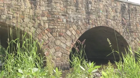 Creek Flowing Under Stone Arch Bridge Stock Footage 325265359