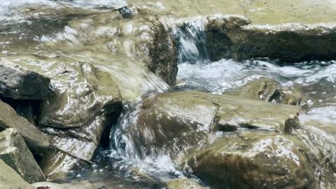 Creek on stones in forest macro. Tiny waterfall on river rapid. Clean water flow Video stock 166977845