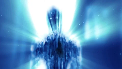 Creepy alien humanoid silhouette in blue rays of light Stock Footage
