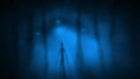 Creepy alien humanoid silhouette in rays of light. 2D animation in sci-fi horror Stock Footage 342437463