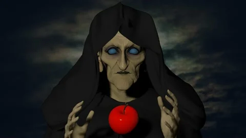 Creepy blind witch makes an apple poisoned with her dark magic 3D 4K animation Stock Footage 219330380