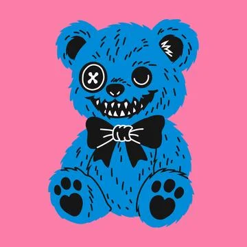 Creepy Blue Teddy Bear with Sharp Teeth and Button Eye Illustrazione stock