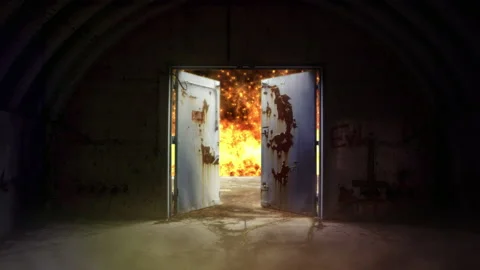 Creepy Bunker Doors Opening to Hellfire, Dark Demonic Horror Scene Zoom In Stock Footage 336710285