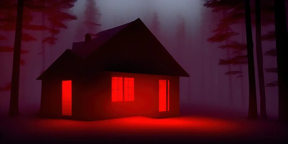 A creepy cabin in the woods, with a red light glowing through the door and Stock Illustration