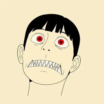 Creepy Cartoon Face with Sharp Teeth and Red Eyes Stock-Illustration