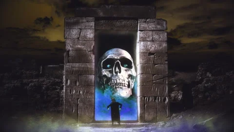 Creepy Figure Ancient Monument Devilish Skull Burning Spell Spooky Scene Stock Footage 247076771
