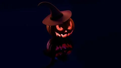 Creepy glowing pumpkin reflection with witch hat in wide format Stock Illustration