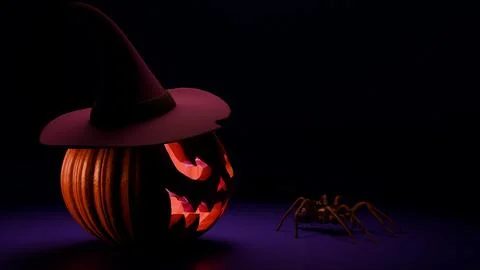 Creepy glowing pumpkin with witch hat and spider silhouette Stock Illustration