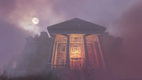 Creepy haunted abandoned mansion at twilight with full moon Stock Footage
