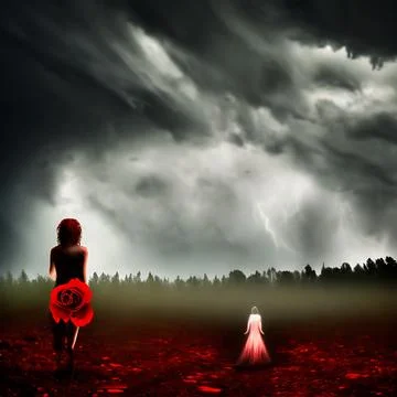 Creepy horror scene AI generated art woman red rose looking at orb in sky sca Stock Illustration