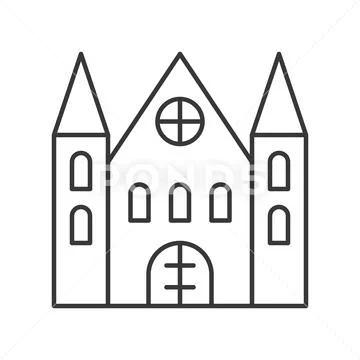 Creepy house or haunted castle, Halloween related hollow outline icon, editab Stock Illustration