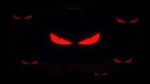 Creepy multitude of glowing red evil eyes blinking in the dark night Video stock 343380838