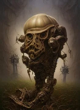 Creepy pumpkin head biomechanical monster. Halloween AI generated illustration Stock Illustration