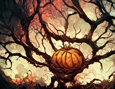 A creepy pumpkins on a tree in a nest around many sharp branches for halloween. Stock Illustration