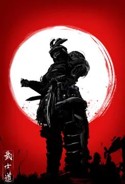 Creepy samurai stands in a dynamic perspective on the background of a bloody  Stock-Illustration