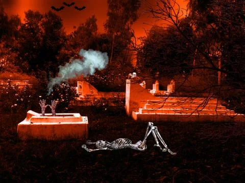 Creepy, scary, spooky, horror and deadly scene of a skeleton with red colors. Stock Photos
