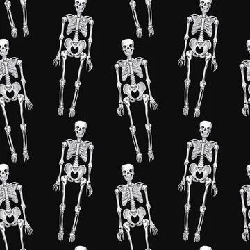 Creepy skeleton seamless pattern with black background. Watercolor print. Stock Illustration