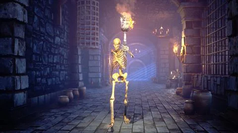 A creepy skeleton with a torch walks through a medieval dungeon. Mystical Ilustración de archivo