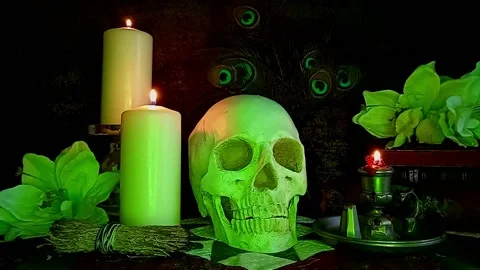 Creepy Skull Under Light Green Lighting, Candles, Flowers and a Stack of Books Stock Footage 211369267