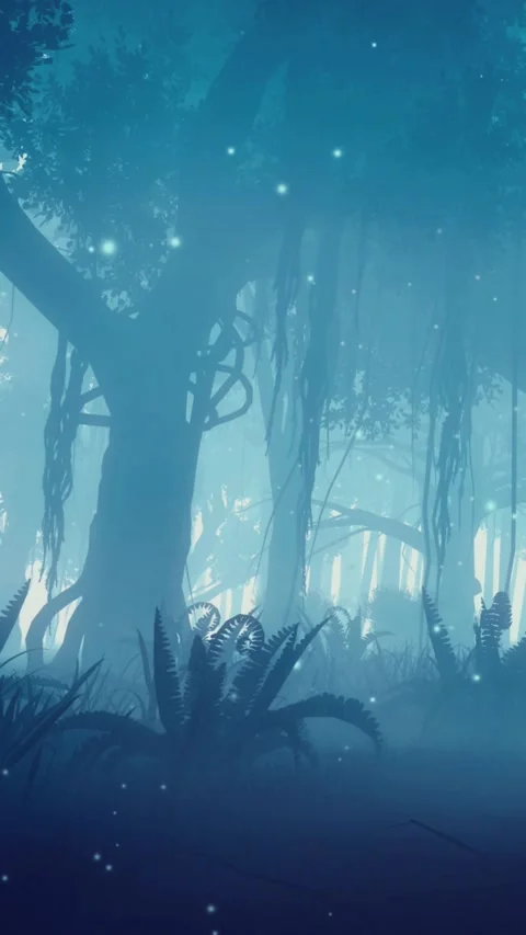 Creepy tree and magic lights at misty night forest Stock Footage 346793865