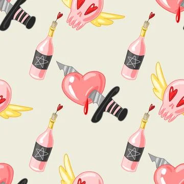 Creepy Valentine seamless pattern, Spooky Valentine, Pastel Goth digital Stock Illustration