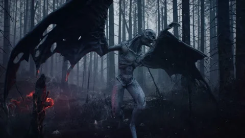 A creepy vampire stands in the middle of a burnt-out, mysterious forest. Concept Stock Footage 171971075