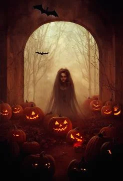 Creepy witch with jack-o-lanterns and bats, halloween background Stock Illustration