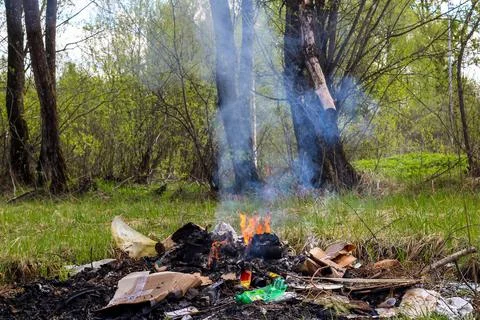 Cremation plastic garbage or trash in open fire. Damage to atmosphere Stock Photos