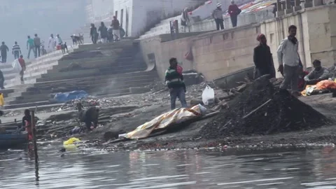 Cremations On The Ganges River In Varanasi, India Stock Footage 159175225