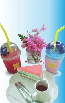 Crepe cake and drinks placed near a flower vase. Stock Illustration