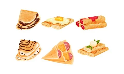 Crepes or Blinis with Different Stuffing Rolled and Folded in Triangle Shape Illustrazione stock