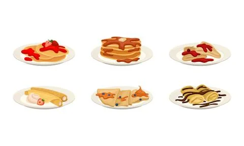 Crepes or Pancakes with Different Stuffing and Toppings Rolled and Folded on Illustrazione stock