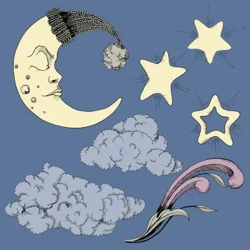 Crescent clouds and stars vector clip art Stock Illustration