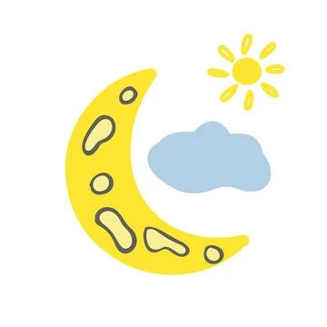 Crescent with cute cloud and sun. Hand drawn yellow half moon for childish Stock Illustration