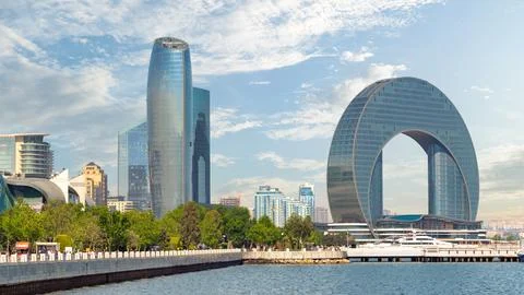 Crescent Development Project Along Caspian Sea Coast Baku, Azerbaijan Stock Photos