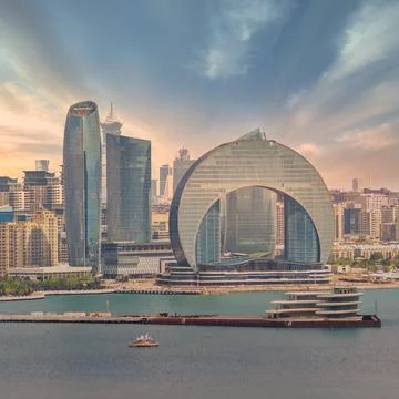 Crescent Development Project at Sunset Along Caspian Sea Coast Baku, Azerbaij Stock Photos