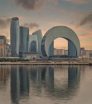 Crescent Development Project at Sunset Along Caspian Sea Coast Baku, Azerbaij Stock Photos