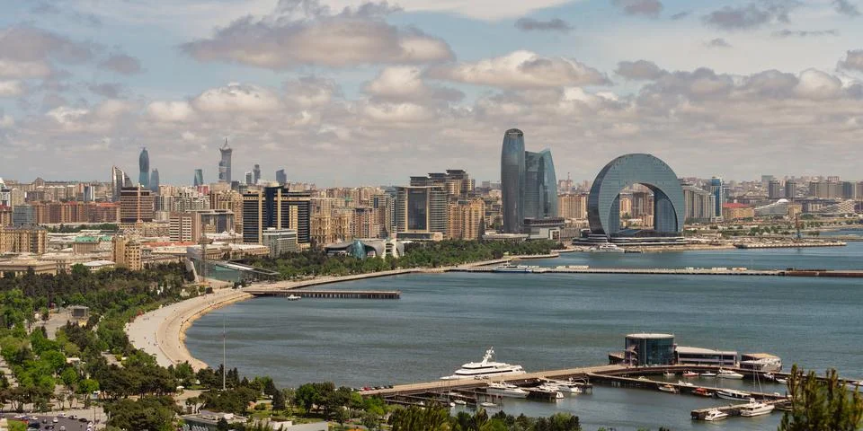 Crescent Development Project at Sunset Along Caspian Sea Coast Baku, Azerbaijan Stock Photos