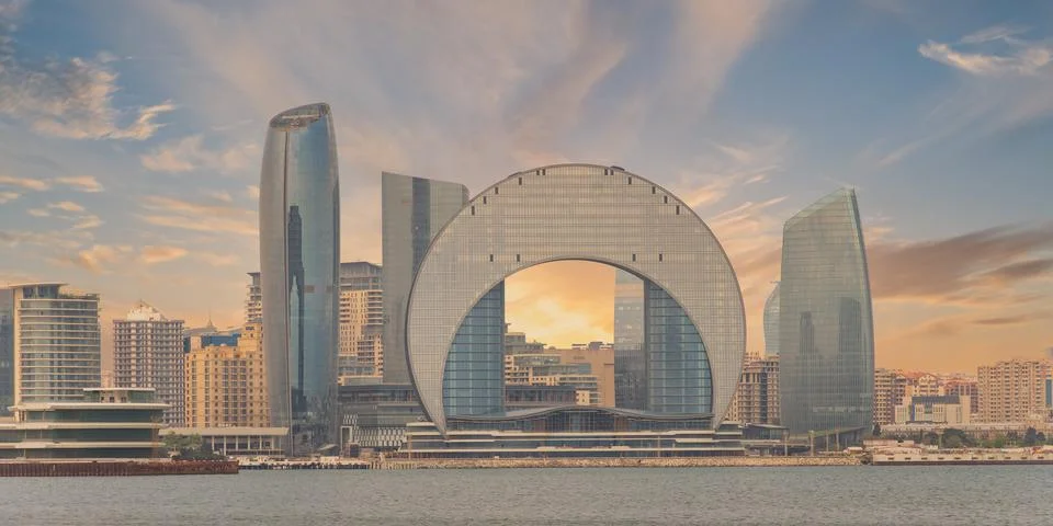 Crescent Development Project at Sunset Along Caspian Sea Coast Baku, Azerbaijan Stock Photos