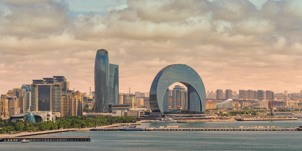 Crescent Development Project at Sunset Along Caspian Sea Coast Baku, Azerbaijan Stock Photos