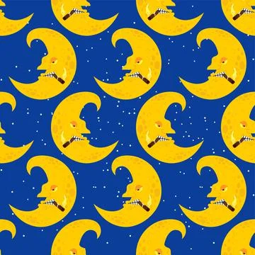 Crescent face pattern seamless. Moon With Face background. Vector texture Stock Illustration