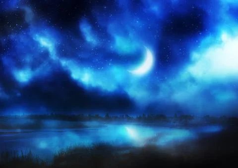 Crescent moon above river Ilustração Stock