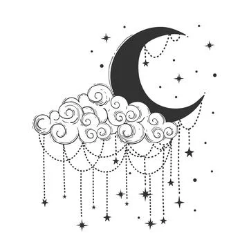 Crescent moon and cloud with decorations and stars. Celestial symbols for tar Illustrazione stock