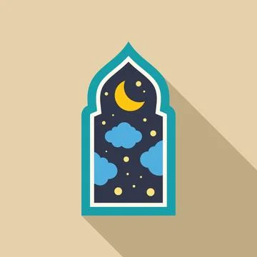 Crescent moon and clouds over ornate islamic window at night Stock Illustration