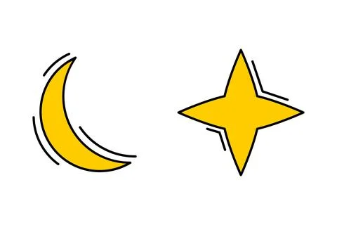 Crescent Moon and Four Point Star Cartoon Icons with Bold Black Outline Stock Illustration
