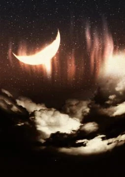 Crescent Moon and Grunge Clouds Stock Illustration