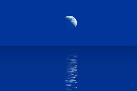 Crescent moon and moonlight path in water blue background Stock Illustration