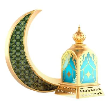Crescent moon and oriental lantern. 3D rendering Ilustração Stock