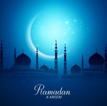 Crescent Moon and Silhouette Mosque in the Bright Night for Ramadan Kareem Stock Illustration