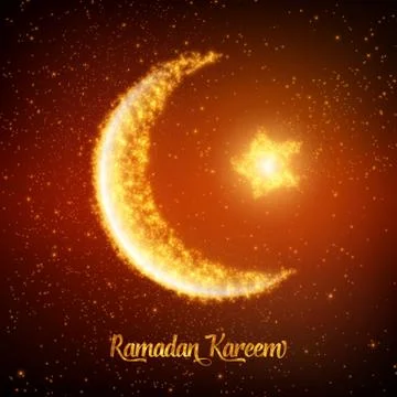 Crescent moon and star constructed of orange glowing particles on red backgro Stock Illustration